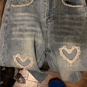 Embellished Blue Jeans with Heart Accents Size M